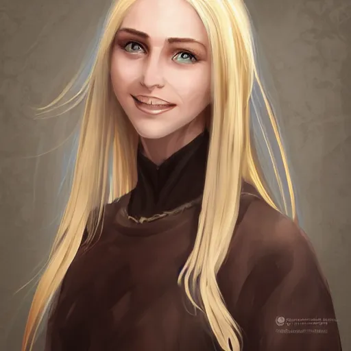 Prompt: portrait, 3 0 years old women : : fantasy : : long straight blonde hair, beeing happy, smiling, pointy ears : : attractive, symmetric face : : brown medieval cloting, natural materials : : high detail, digital art, rpg, concept art, illustration