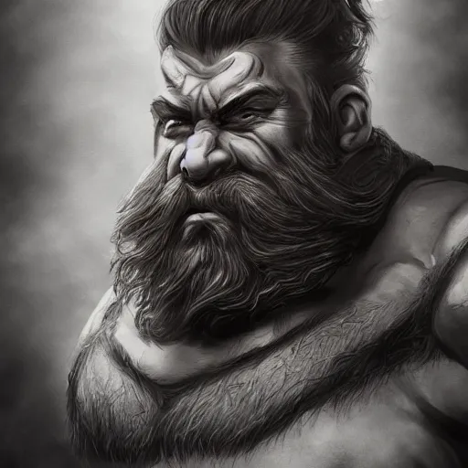 Prompt: photorealistic portrait of a dwarf with a large beard, muscular build, tough, highly detailed trending on artstation, photo, medieval, big muscles, fantasy, intricate details, dramatic, cinematic