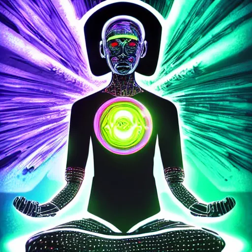 Prompt: black tshirt with a hyperdetailed portrait of a futuristic trippy atompunk meditating robot, 8 k, symetrical, flourescent colors, halluzinogenic, multicolored,