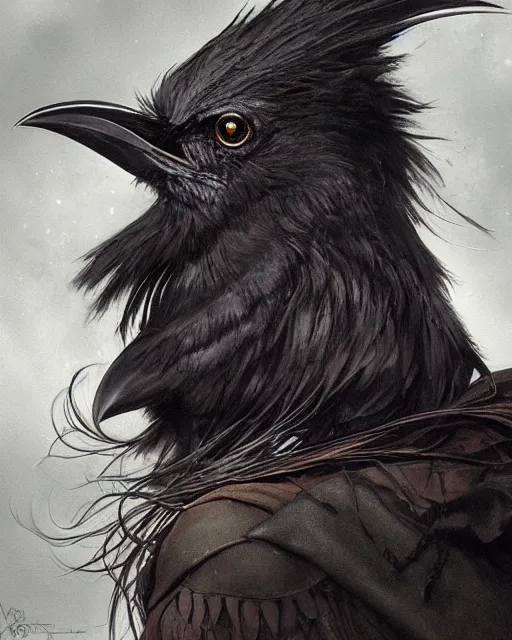 Image similar to close up portrait of a crow and a female witch, soft hair, half body, leather, d & d, fantasy, intricate, elegant, highly detailed, digital painting, artstation, concept art, smooth, sharp focus, illustration, art by artgerm and greg rutkowski and alphonse mucha