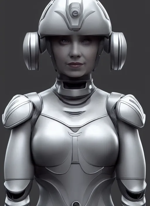 Prompt: a woman in a futuristic helmet with arms crossed, a 3 d render by senior character artist, featured on zbrush central, neo dada, zbrush, polycount, rendered in maya