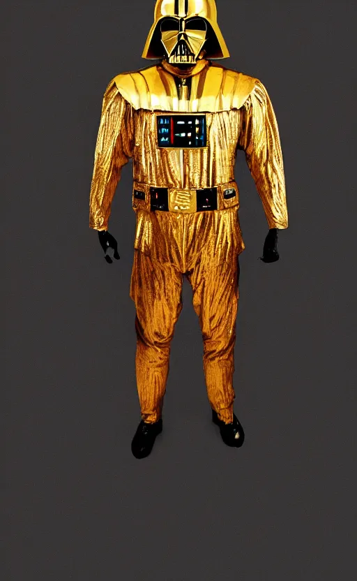 Image similar to A phone wallpaper of a full body golden Darth Vader suit in a black room, studio lighting,