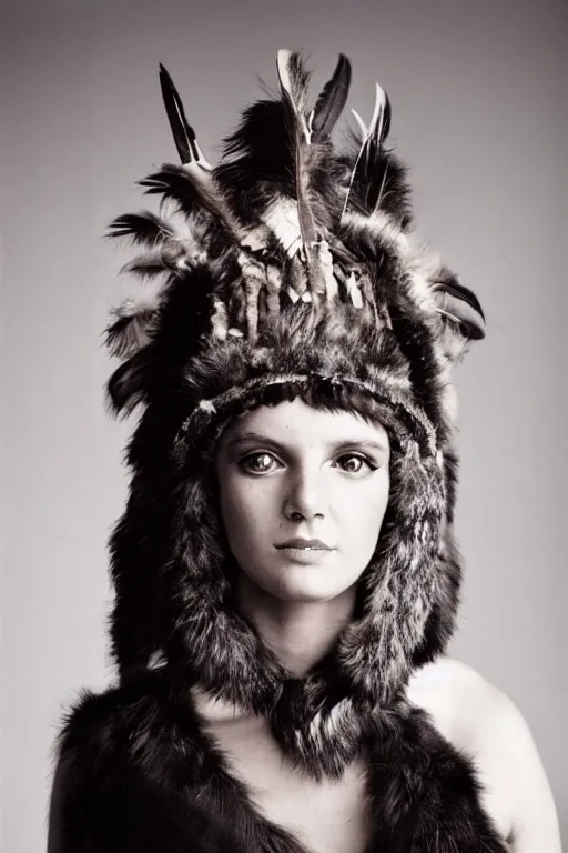 Prompt: a woman in a buffalo headdress wearing fur, cosplay, photoshoot, studio lighting, photograph by Bruce Weber