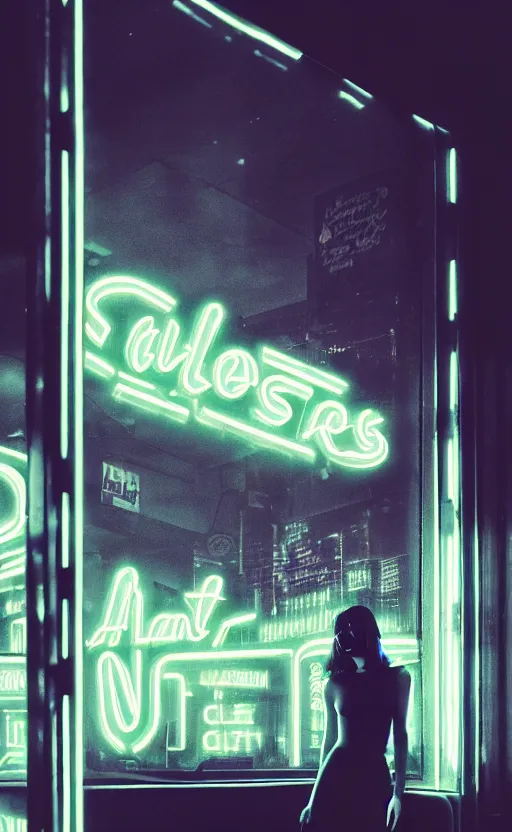 Image similar to vertical portrait of girl in 5 0's retro restaurant interior, neon - decorated urban on night in the city seen through the window, modern interior design, architectural design, vintage, night blade runner, dark, postapocalyptic, clean lines, 4 k, octane, asian futuristic city at distance, big windows, octane, wide angle