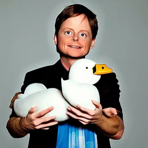 Prompt: michael j fox, holding a white duck