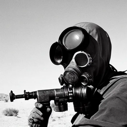 Image similar to a man wearing a gasmask, heavily equipped, in the desert, film still, arriflex 35