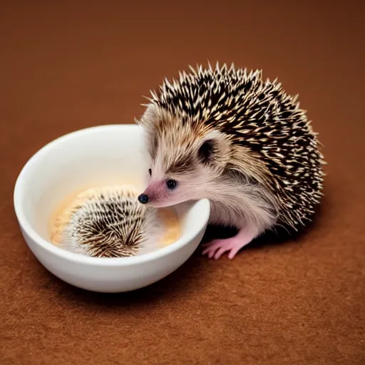 Prompt: baby hedgehog sitting in a teacup, photography, minimalistic, 8 k