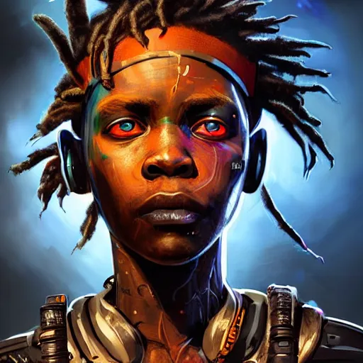 Prompt: a dark and ominous cyborg african child soldier with glowing eyes and steel dreadlocks, neon graffiti, Apex Legends character digital illustration portrait design, by android jones and greg rutkowski in a cyberpunk voodoo style, retrowave color scheme, detailed, cinematic lighting, wide angle action dynamic portrait