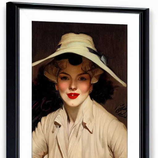 Image similar to frontal portrait of a woman with a hat that covers her eyes, by j. c. leyendecker