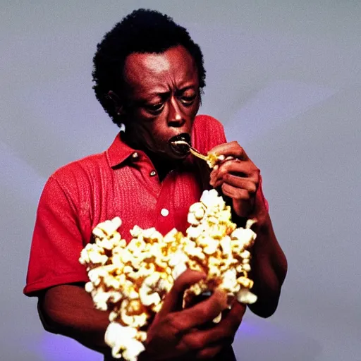 Image similar to miles davis eating popcorn, photorealistic, hd, 4 k, award - winning