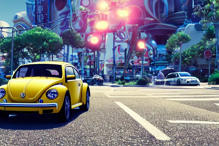 Image similar to a wholesome animation key shot of!! one!! focused!! vw beetle superbug!! in shiny reflective stainless steel, in a las vegas street, medium shot, studio ghibli, ( pixar ) and disney animation, sharp, very detailed, high resolution, rendered in unreal engine 5, anime key art by greg rutkowski, bloom, dramatic lighting