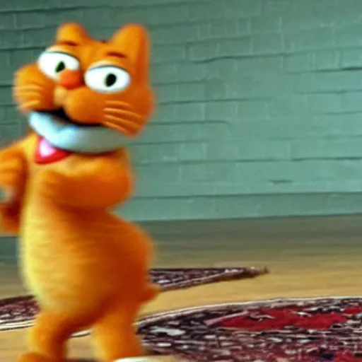 Prompt: a low-res image of garfield dancing