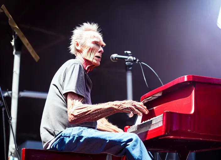 Image similar to photo still of clint eastwood on stage at vans warped tour!!!!!!!! at age 6 8 years old 6 8 years of age!!!!!!!! playing a piano on fire, 8 k, 8 5 mm f 1. 8, studio lighting, rim light, right side key light