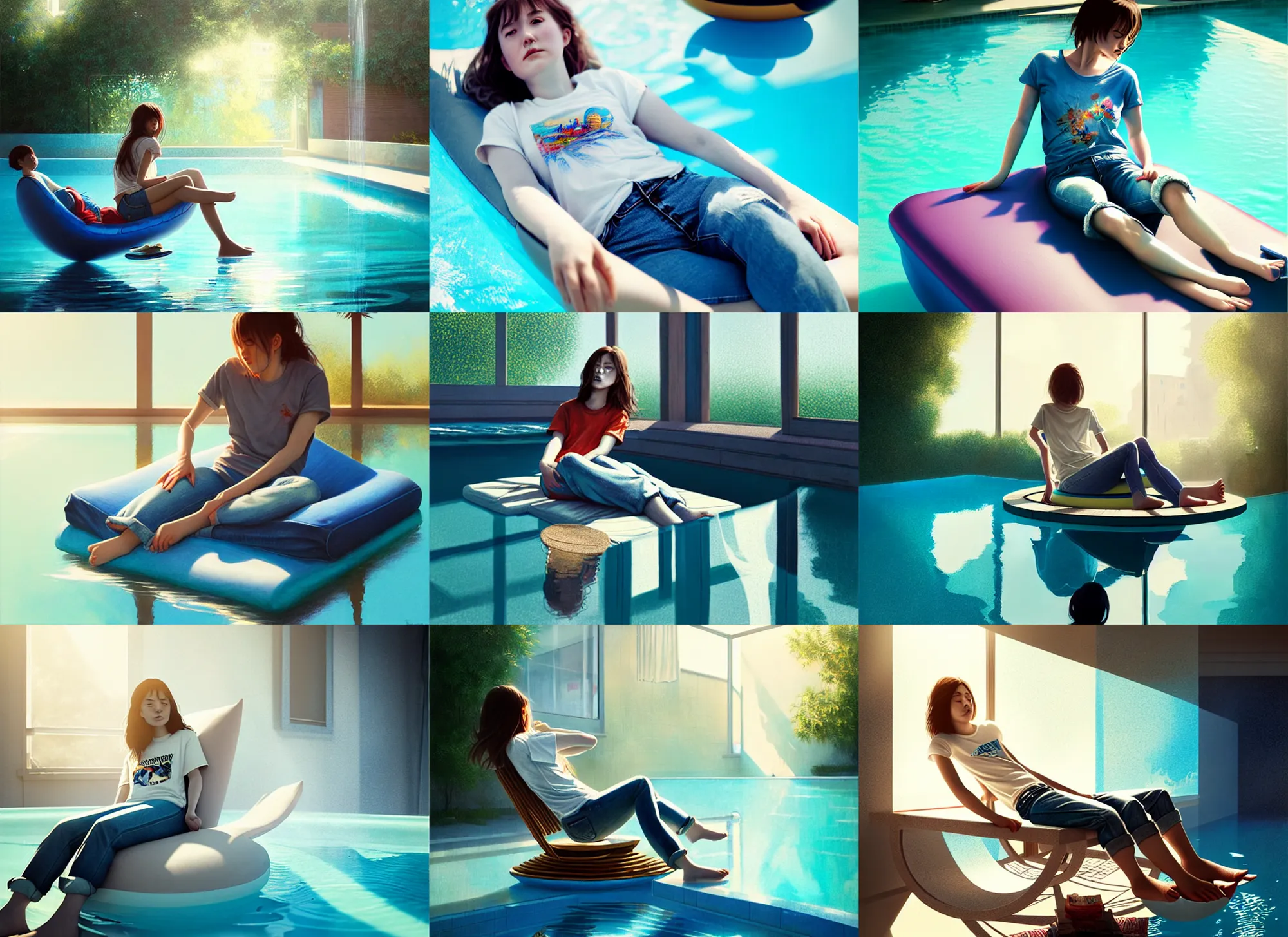 Image similar to girl relaxing in jeans and a t - shirt on a floating pool chair, sunny, bright, reflections, intricate, sharp focus, lens flare, bloom, illustration, highly detailed, digital painting, concept art, matte, art by ruan jia and wlop and greg rutkowski, masterpiece