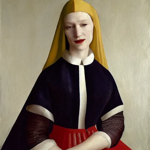 Image similar to cate blanchett in low-cut blouse in front of a mirror, painting by Vermeer