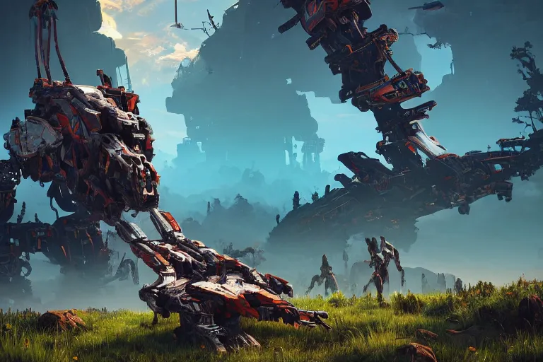 Image similar to scrapper machine creature robot of horizon forbidden west horizon zero dawn radiating a glowing aura global illumination ray tracing hdr fanart arstation by ian pesty and alena aenami artworks in 4 k