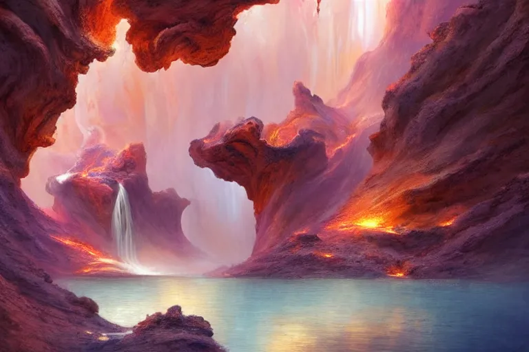 Image similar to Celestial majestic luxurios futuristic other worldly realm with Singaporean royal gold lush volcano, intense volcanic eruption, set on chic Antelope Canyon with white thermal waters flowing down pink travertine terraces, relaxing, ethereal and dreamy, thunderstorms and multiversal tornado, visually stunning, from Star Trek 2021, illustration, by WLOP and Ruan Jia and Mandy Jurgens and William-Adolphe Bouguereau, Artgerm