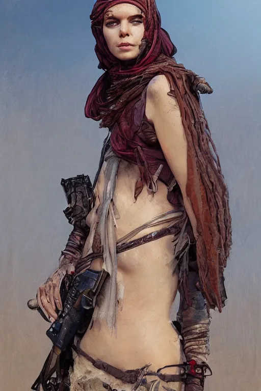 Prompt: a full body portrait of a beautiful post apocalyptic offworld huntsman ’ s quarter bedouin blind pulp fiction scarlet wild rogue barbarian leper begging by the roadside, intricate, elegant, highly detailed, digital painting, artstation, concept art, smooth, sharp focus, illustration, art by krenz cushart and artem demura and alphonse mucha