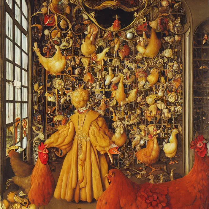 Image similar to a chicken in a hall of mirrors, chicken nebula, by jan van eyck