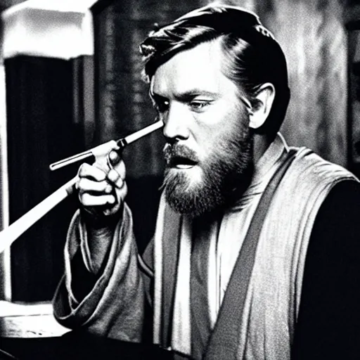 Image similar to Obi-Wan Kenobi smoking a death stick at a bar