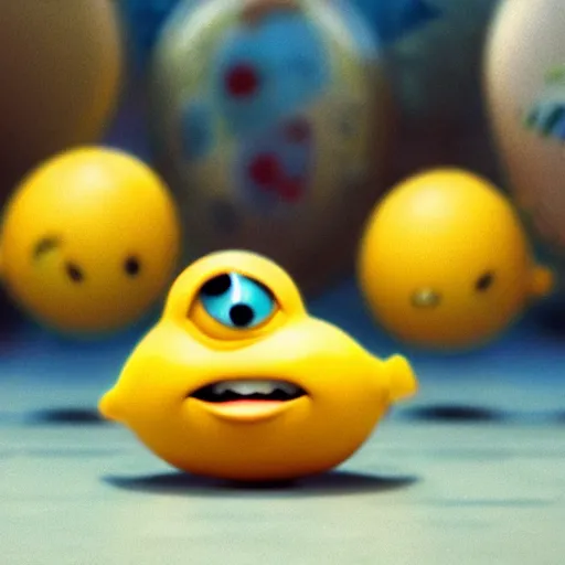 Image similar to a cinematic film still from a 2010 Pixar movie about anthropomorphic lemons, in the style of Pixar, shallow depth of focus