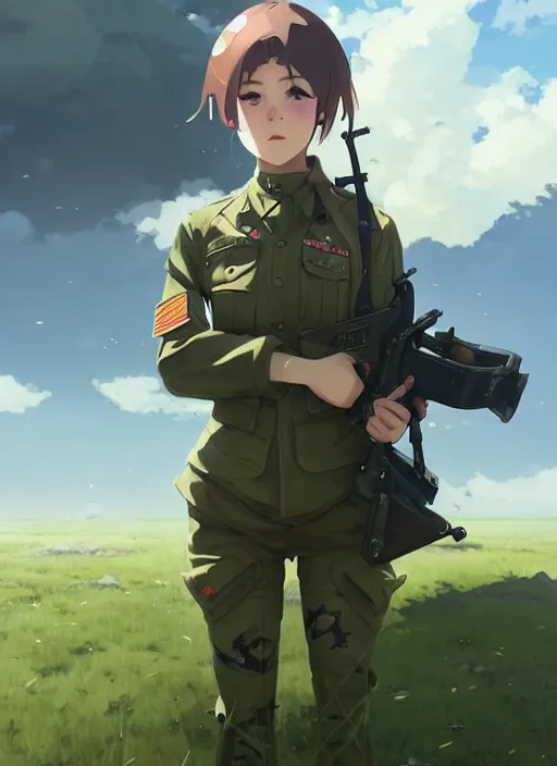 Prompt: portrait of cute soldier girl taking cover, cloudy sky background lush landscape illustration concept art anime key visual trending pixiv fanbox by wlop and greg rutkowski and makoto shinkai and studio ghibli and kyoto animation soldier clothing military gear realistic anatomy mechanized