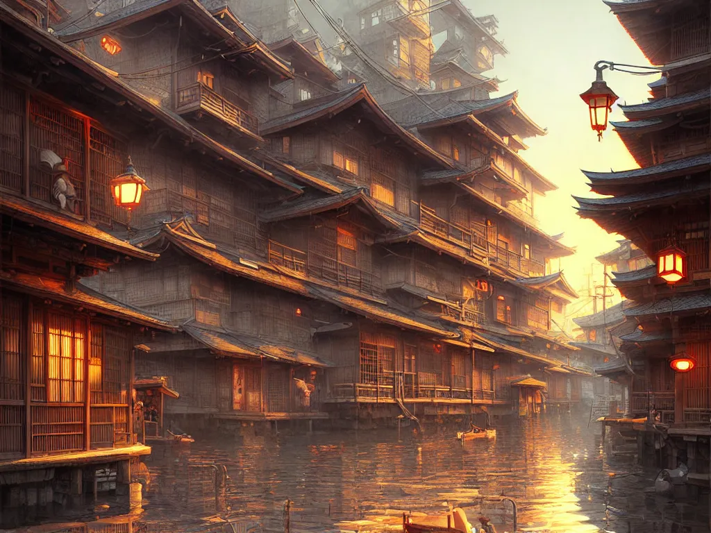 Prompt: old japanese street view from the harbor, d & d digital painting, intricate details, ultra realistic, beautiful, volumetric lighting, warm colors advance, cell shading, by james jean, greg rutkowski, gerald brom,