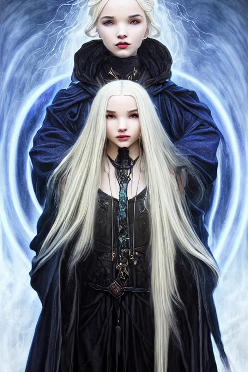 Prompt: mystical gothic mage blonde braided hair bioluminescent eyes dove cameron in the mountain, heavy cloak, black leather accents, cloth jerkin, dead plants, fantasy character portrait, ultra realistic, intricate, elegant, highly detailed, digital painting, artstaion, smooth, sharp, focus, illustration, art by artgerm and greg rutkowski and alphonse mucha