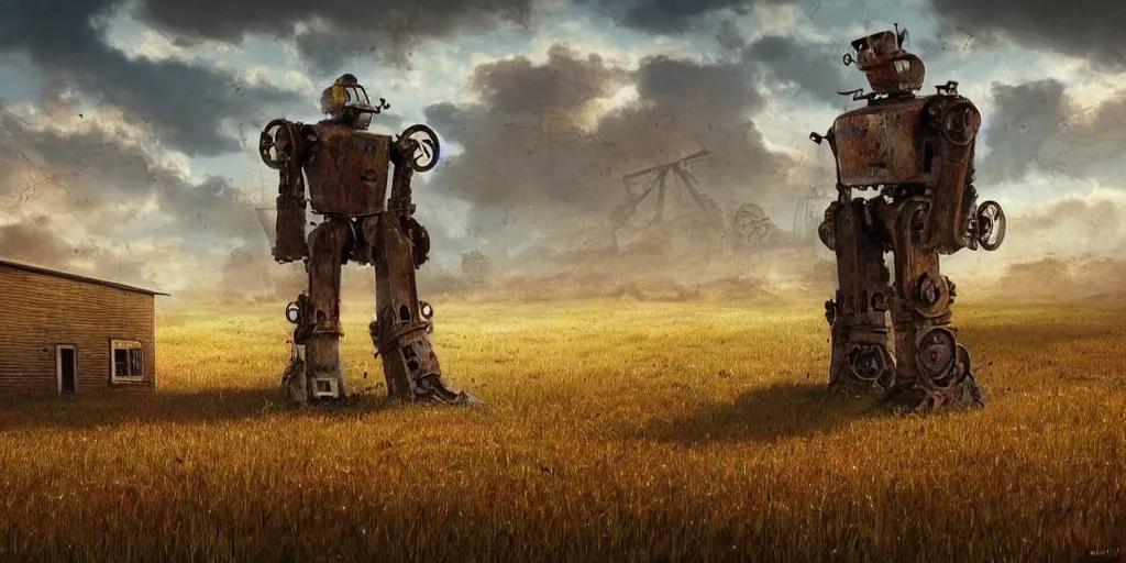 Image similar to a single colossal rusty old robot sad and alone in an empty field in the countryside with a barn on a bright sunny day by mike allred and moebiusand karol bak sharp digital painting. dreaming latent space. matte painting, concept art. artstation. digital render. realistic, 8 k
