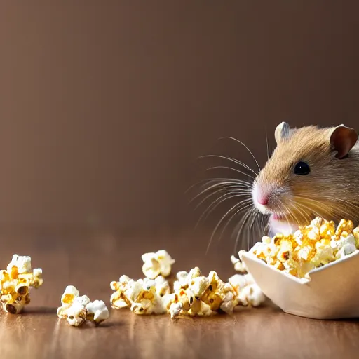 Prompt: photo of a hamster, full cheeks, eating popcorn from a bucket of popcorn, various poses, unedited, soft light, sharp focus, 8 k