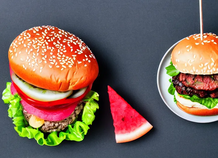 Image similar to dslr food photograph of burger with watermelon on it, 8 5 mm f 1. 8