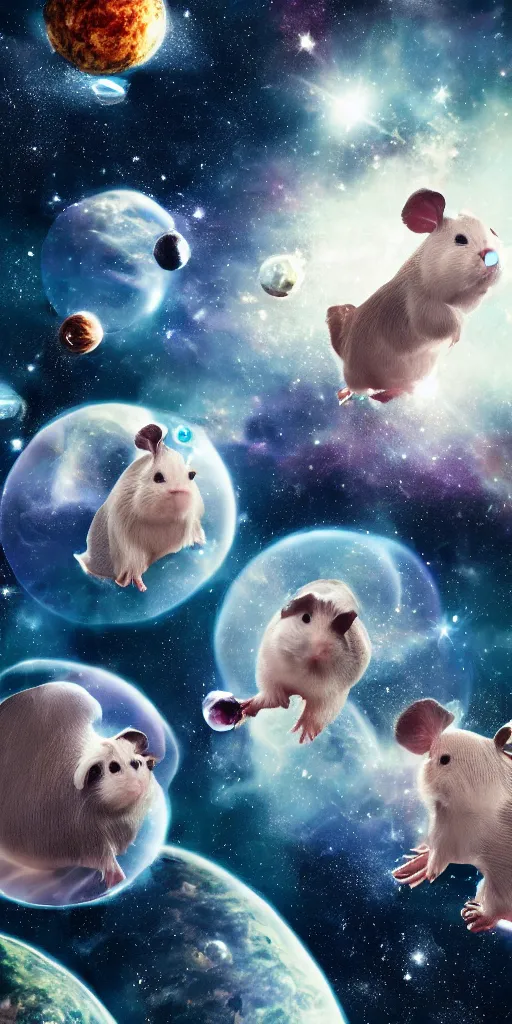 Image similar to ultra realistic guineapigs floating in space suits floating in space on the cover of vogue magazine, 4 k, 8 k, nebula, universe, many stars, space station