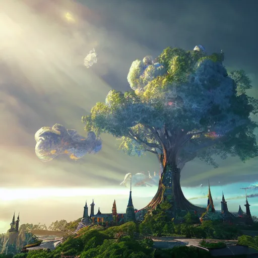 Image similar to a magical wizard in front of a big and mystical of a big and structured fantasy kingdom city, god rays, giant tree, portal to outer space digital art 8k, trending on artstation, anime, unreal engine