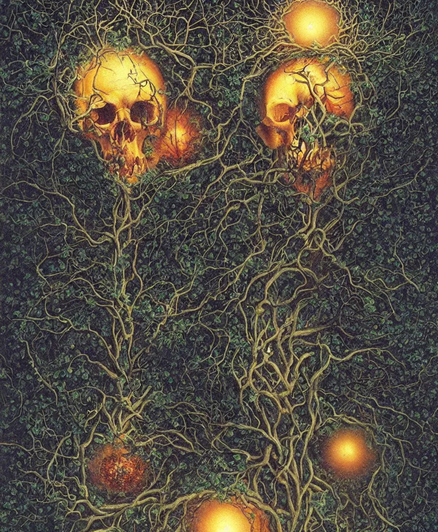 Prompt: the sprout of the tree of life has blossomed beautiful flowers sprouting from the eye socket of a charred skull, by Barclay Shaw and Bob Eggleton and Berndnaut Smilde