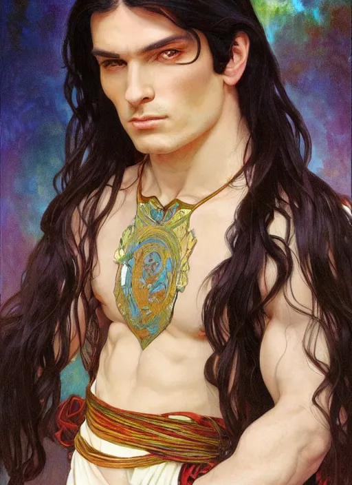 Prompt: a muscular man with long black hair and pale skin. he is wearing a white royal robe. i'm the background, rainbow colors swirl around him. chromatic light. portrait painting by artgerm and greg rutkowski and alphonse mucha.