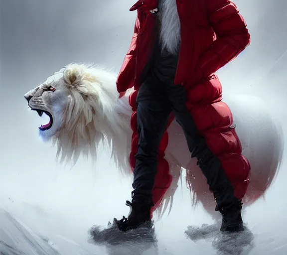 Image similar to commission portrait of a male anthro albino lion wearing a red-black puffer jacket.dramatic,character design by charles bowater,greg rutkowski,ross tran,hyperdetailed,hyperrealistic,4k,deviantart,artstation,professional photography,concept art