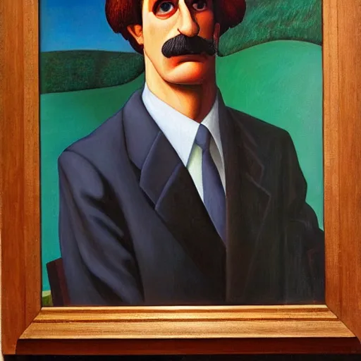 Image similar to frank zappa portrait, grant wood, pj crook, edward hopper, oil on canvas