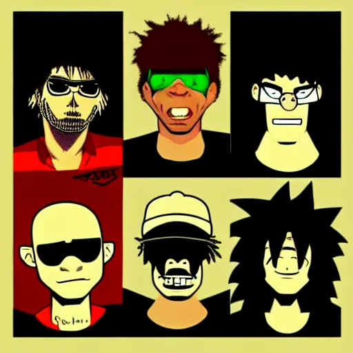 Image similar to [ rage against the machine ] band memebers in style of gorillaz!!, digital art, 2 d, cartoon style, artstation