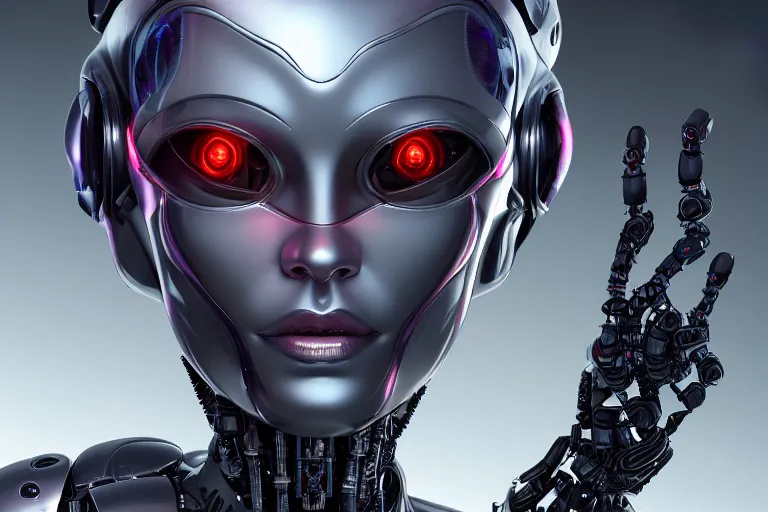 Prompt: ultra detailed evil portrait of a futuristic robotic cyborg female render by Liudmila Kirdiashkina, 3D, Sergey, hyper detailed, Artgerm, helmet, wires, cyberpunk, trending on artstation