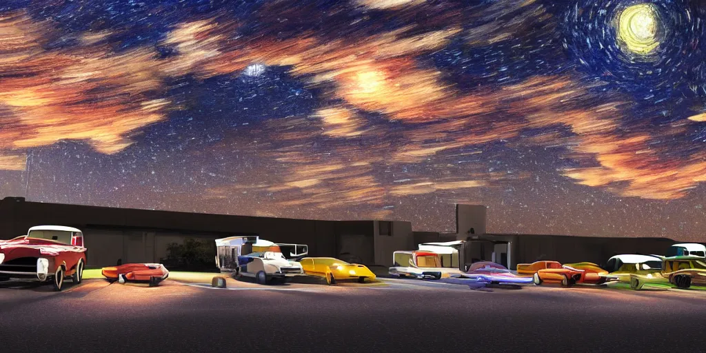 Prompt: a drive in movie theater with a line of cars, detailed, volumetric lighting, starry night, dusk