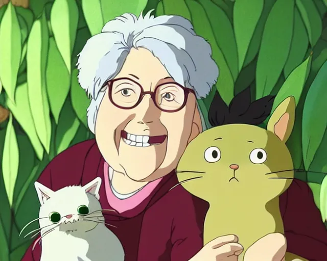 Image similar to fine details portrait of a joyful old lady and her plant cat, by Studio Ghibli. 8k, sharp high quality