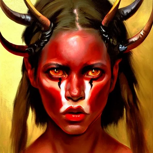 Prompt: painted portrait of an intimidating demon girl with ram horns and red skin. oil painting, fantasy art by greg retkowski and john singer sargent, character design