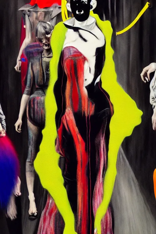 Image similar to crazy fashion catwalk, one model, crazy clothes, hauntingly surreal, highly detailed painting by francis bacon, edward hopper, adrian ghenie, gerhard richter, and james jean soft light 4 k,