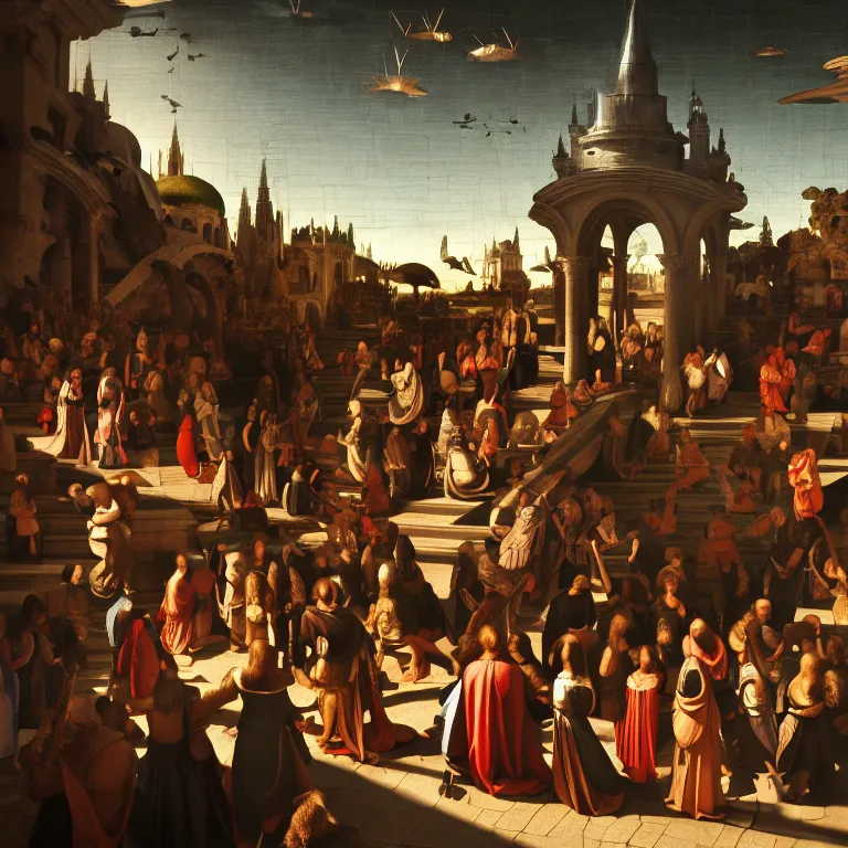 Image similar to crowd of medieval people surrounding crashed UFO ribbed spaceship, dream-like atmosphere, baroque landscape painting, perfect portrait composition, beautiful detailed intricate insanely detailed octane render trending on Artstation, 8K artistic photography, photorealistic, soft natural volumetric cinematic perfect light, chiaroscuro, award-winning photograph, masterpiece, Raphael, Caravaggio, Greg Rutkowski, Beeple