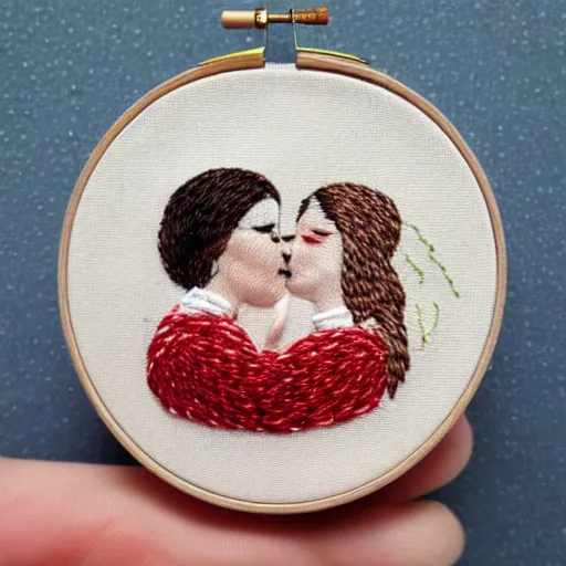 Image similar to a tiny beautiful handmade embroidery of two lovers kissing. hand embroidery.