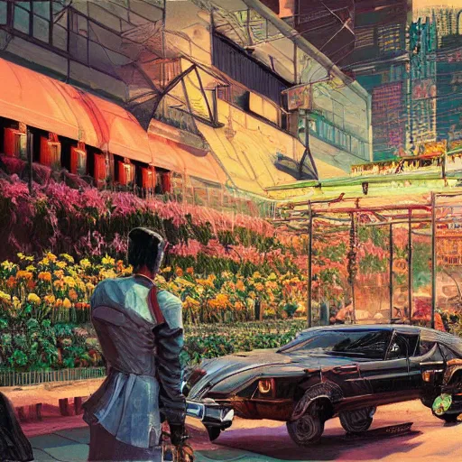 Image similar to detailed painting of a cyberpunk flower market with roman architecture and flying cars, artstation, syd mead, cinematic