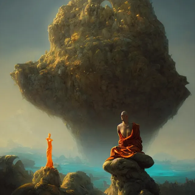 Image similar to in the style of peter mohrbacher, a glowing monk floating and meditating on a rock, dystopian landscape, intricate, masterpiece, award winning, fantasy, hyperrealism intricate