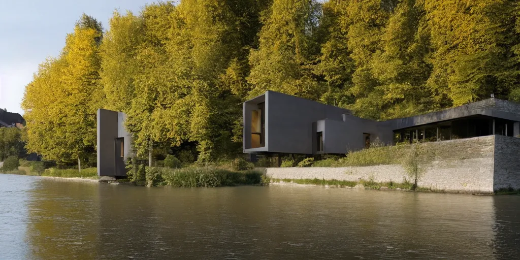 Image similar to a house by the river rhein close to mumpf designed by peter zumthor, beautiful ambient light, golden hour