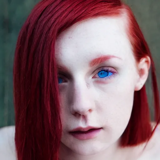 Image similar to a pale girl with piercing blue eyes and dyed wine red hair, soft facial features, looking directly at the camera, head shot, instagram picture