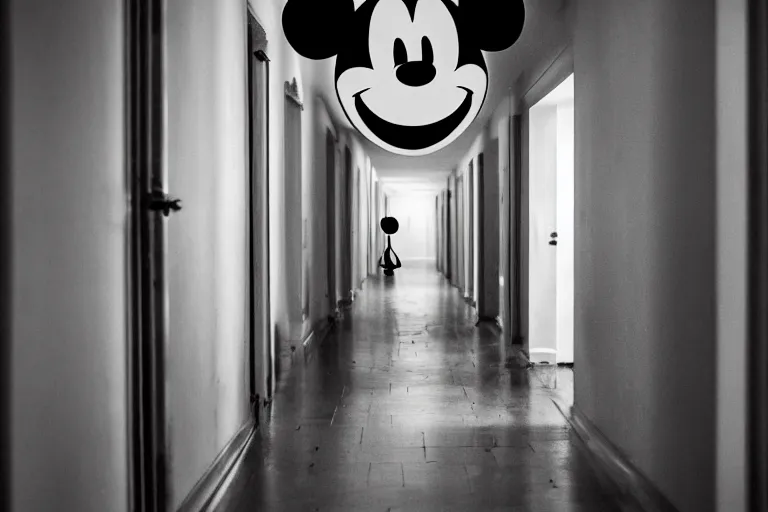 Prompt: a photo of a very long backrooms hallway with a creepy looking mickey mouse at the end of the hallway, staring with an evil grin, dark, horror, detailed, hd